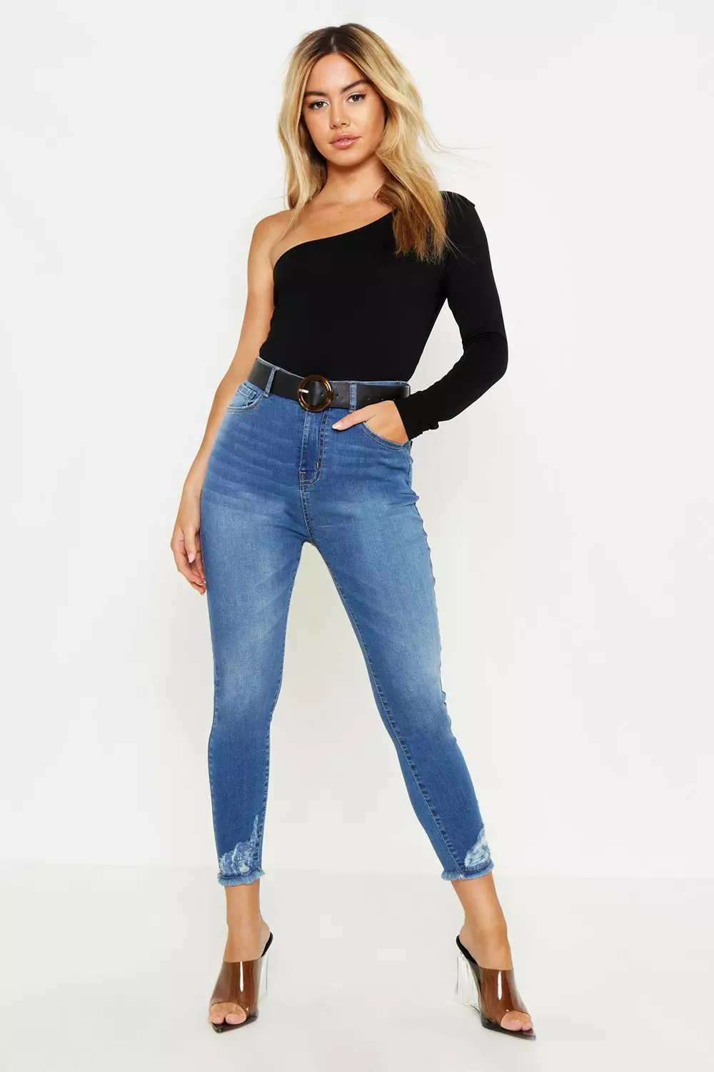Petite Distressed High Rise Skinny Jeans